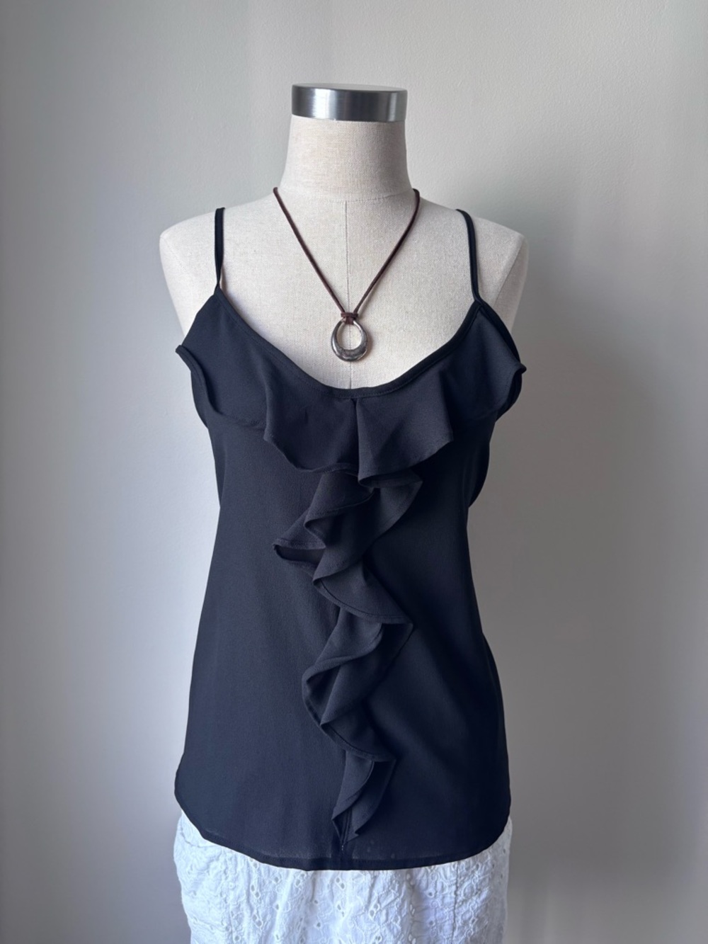 Paper Crane Black Ruffle-Front Spaghetti Strap Tank